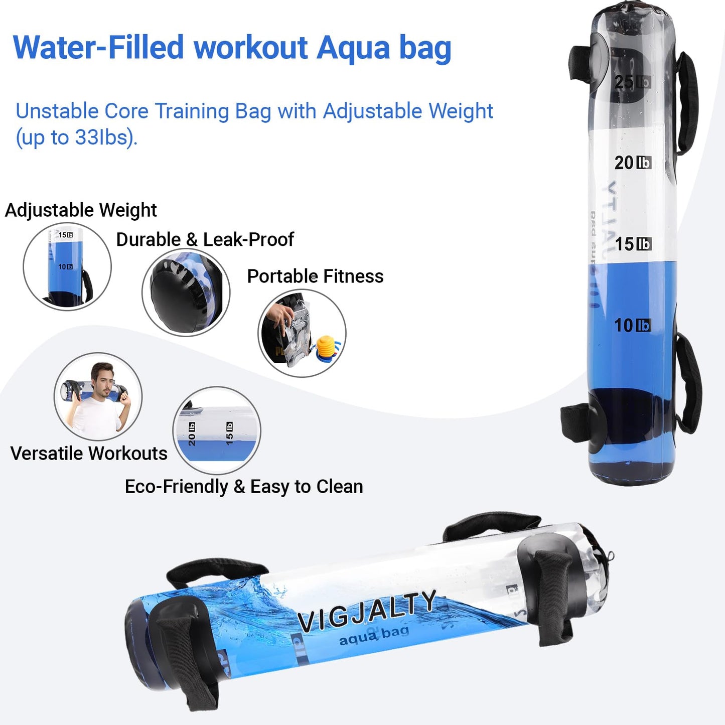 VIGJALTY Aqua Ball & Aqua Bag Combo | Adjustable Water Weight System for Unstable Load Training | Home Gym Equipment for Core Activation, Motor Control & All Fitness Levels