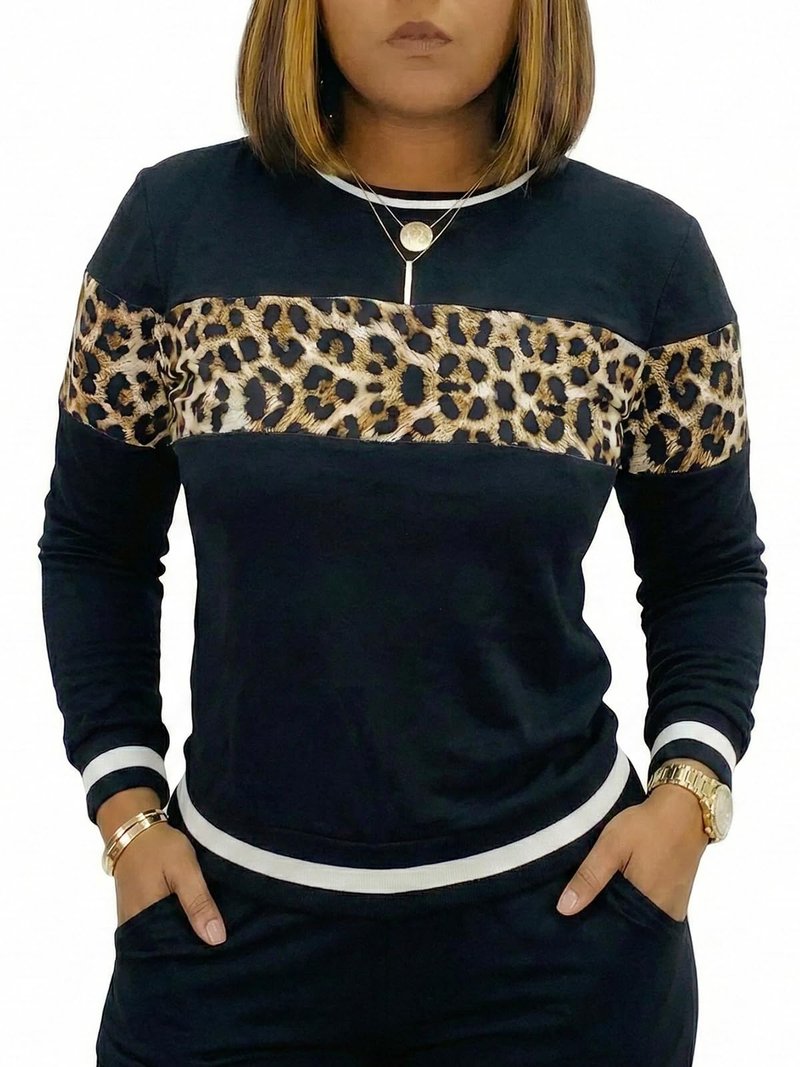 Alunzoem Womens Casual 2 Piece Outfits, Leopard Print Long Sleeve Top Pants Set Tracksuits Black XXL