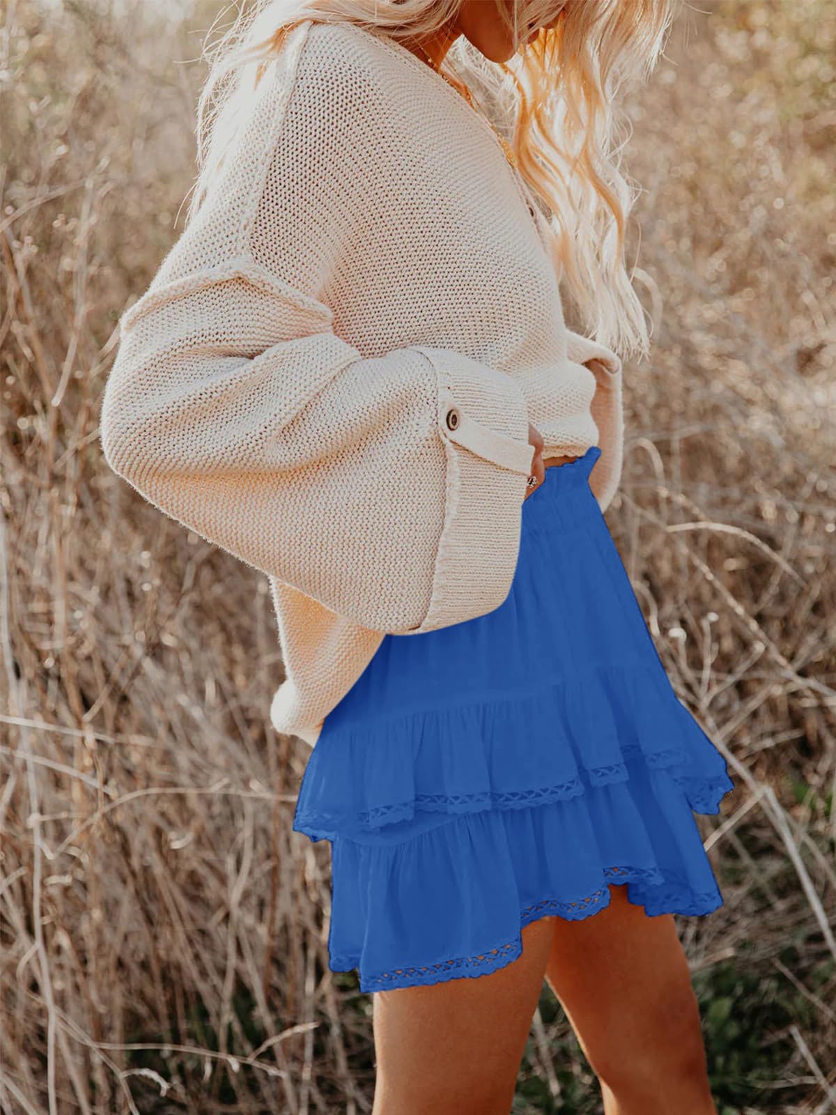 Aoudery Flowy Shorts for Women Casual Boho Ruffle Tiered Skorts High Waist Mini Skirts Golf Tennis Butterfly Crochet Shorts - Royal Blue L