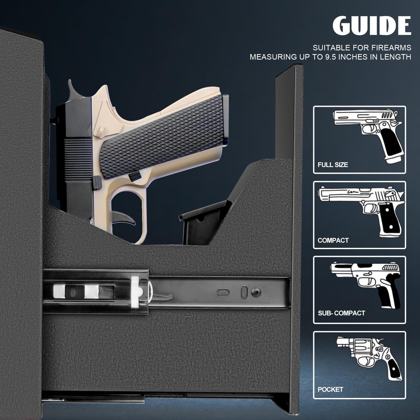 Slider Hidden Handgun Safe, Biometric Fingerprint Smart Pistol Safe for Nightstand, Desk, Bedside - Auto Sliding Door- Fingerprint, PIN Code, KEY Access (Classic)