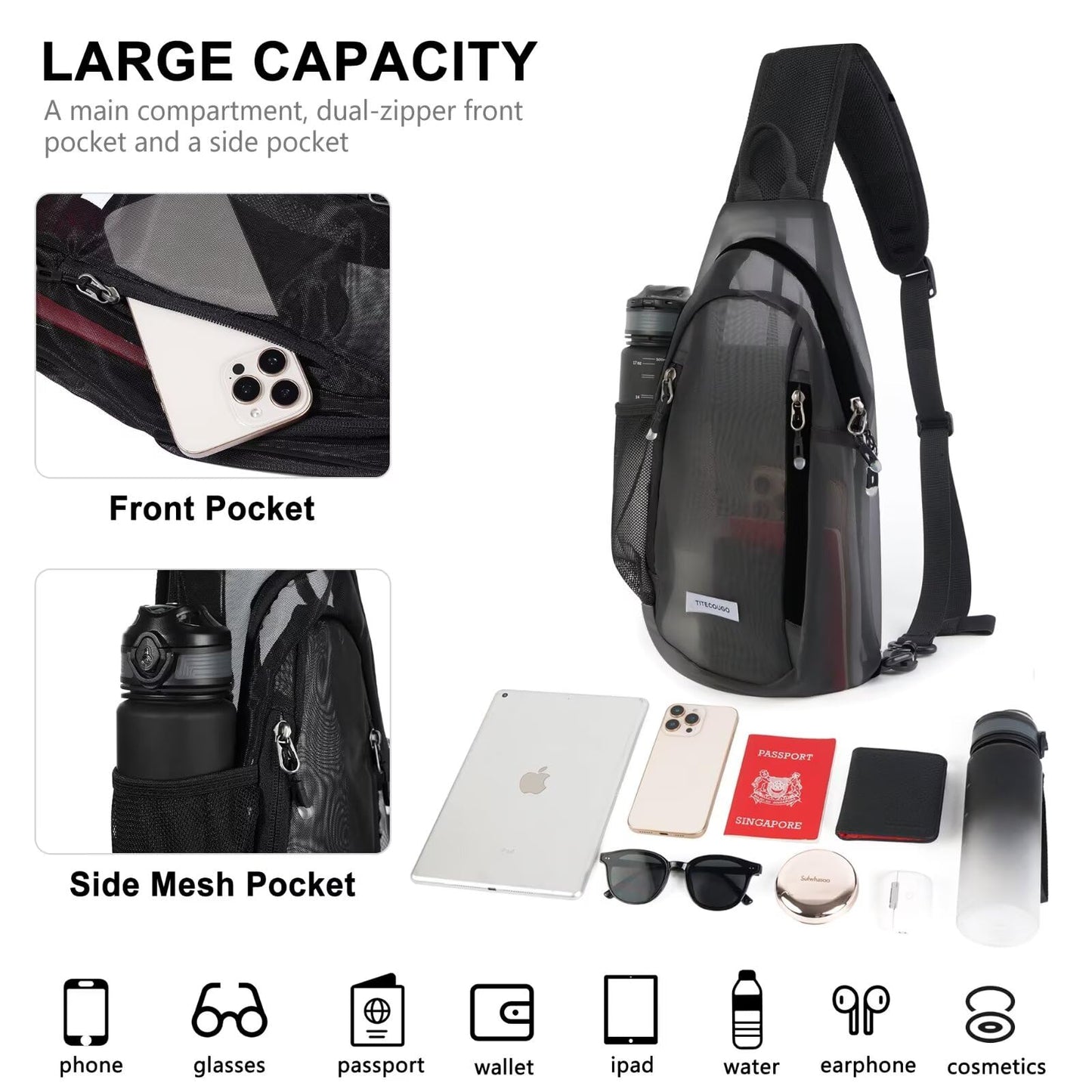 TITECOUGO Clear Sling Bag Clear Bag for Stadium Events Crossbody Daypack for Women Men Shoulder Backpack Transparent Casual Daypack for Concerts Sport Black