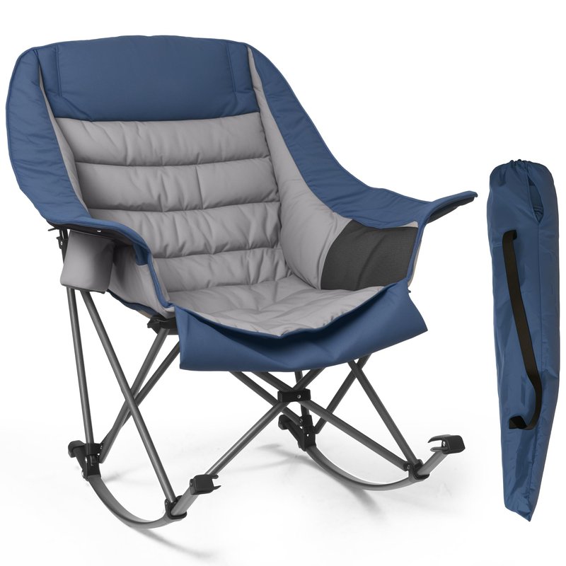 Foristrail Oversized Rocking Camping Chair for Adults - 400lbs Capacity Padded Camp Chair with Cup Holder, Portable Foldable Outdoor Rocker Chair for Camping, Backyard (Blue & Dark Gray, 1 PCS)