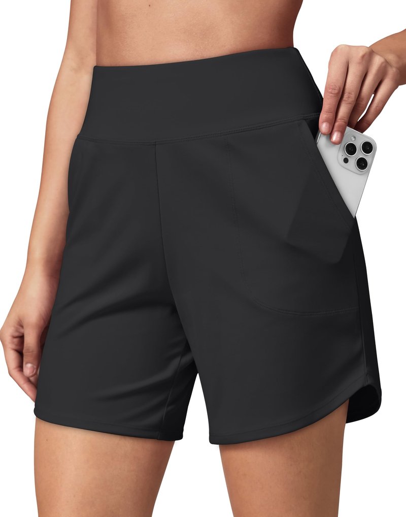 MAZUSPORTS Women's 6" High Waisted Quick Dry Athletic Shorts Stretchy Bermuda Shorts for Running Workouts Casual Wear Black, L