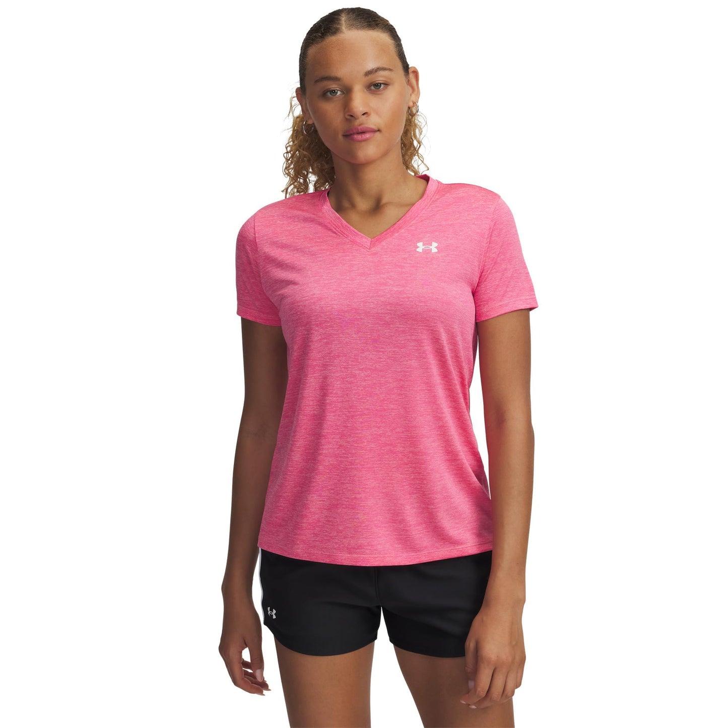 Under Armour Womens Tech Twist Short Sleeve V Neck, (672) Super Pink / / White, Large