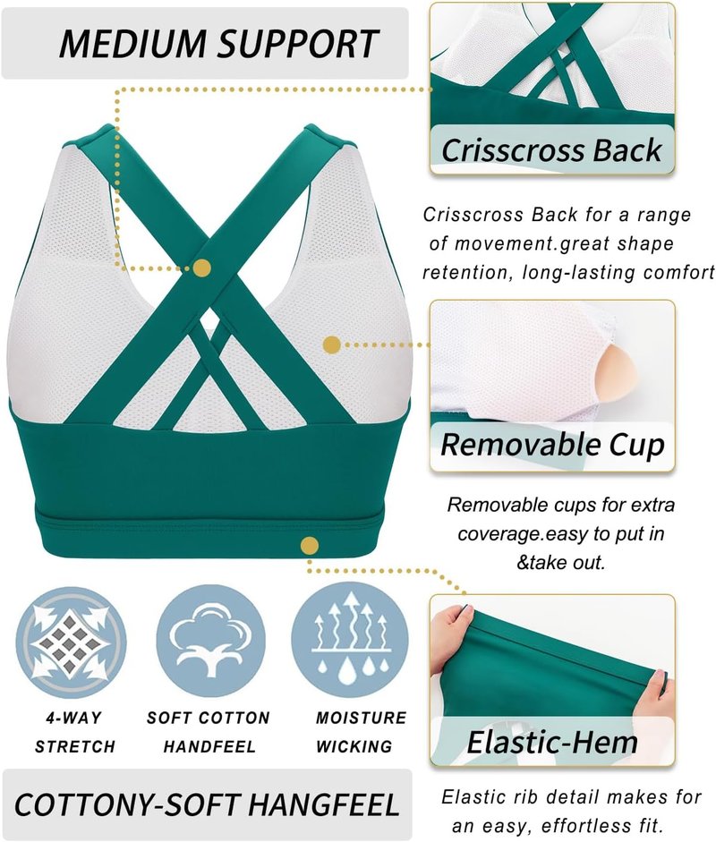 Sports Bras for Women - Padded Strappy Criss-Cross Back | Medium Support with Removable Cups