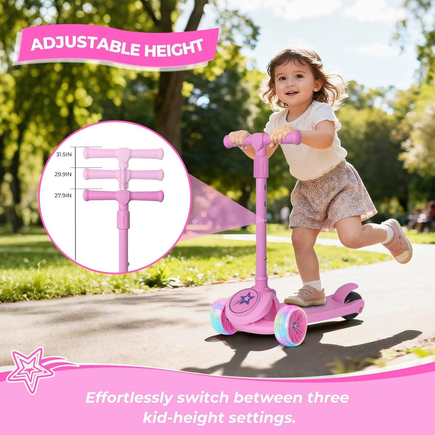 Nattork Kids Scooter for Girls Boys with Light Up Wheels, 3 Adjustable Height Handlebars, Lean-to-Steer Technology, Widen Anti-Slip Deck, 3 Wheel Scooter for kid ages 3-8, Support Riders Up to 110 LBS
