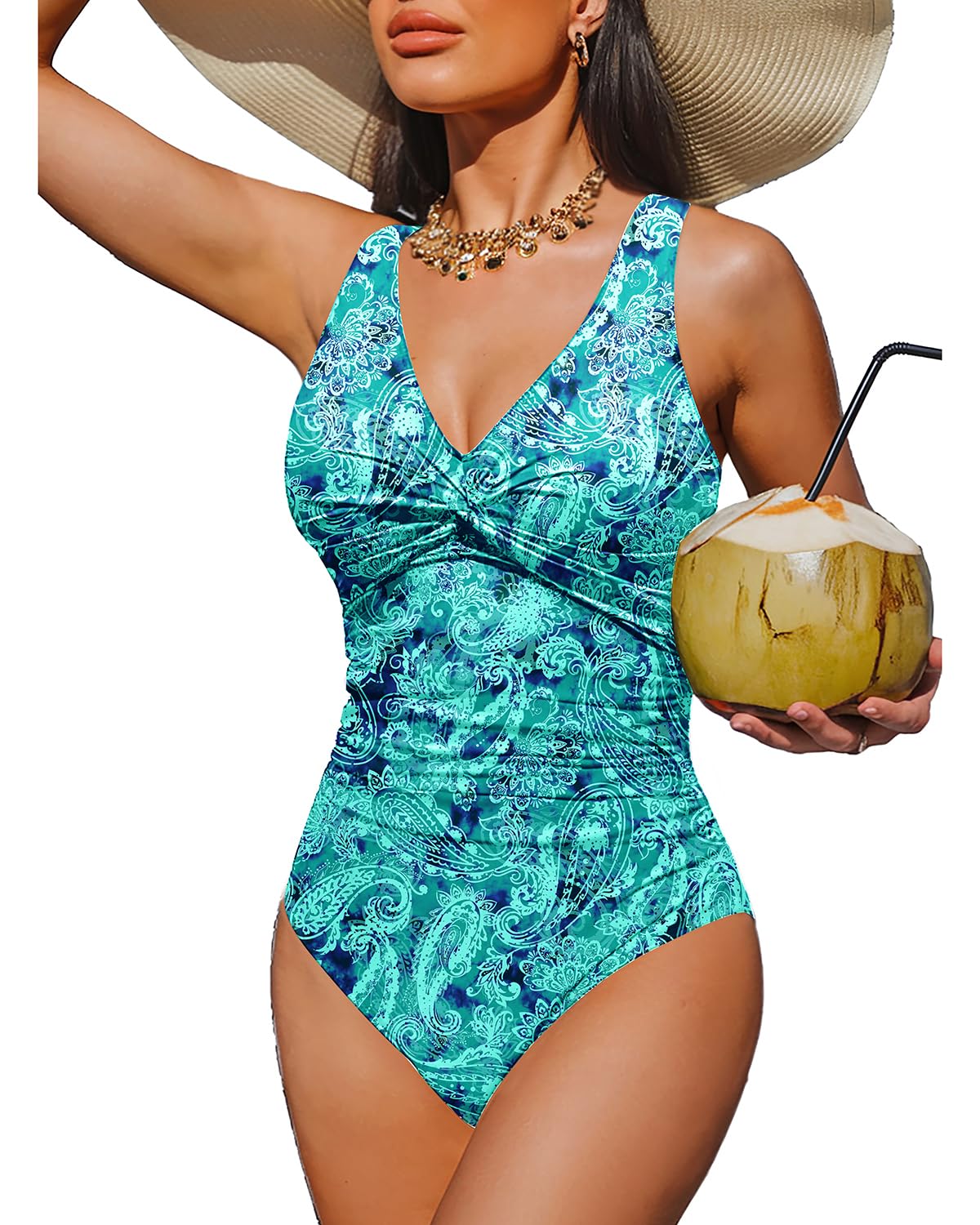 Holipick Green Paisley Women Tummy Control One Piece Swimsuit - Push Up Bathing Suit Full Coverage Slimming Swimwear XXL