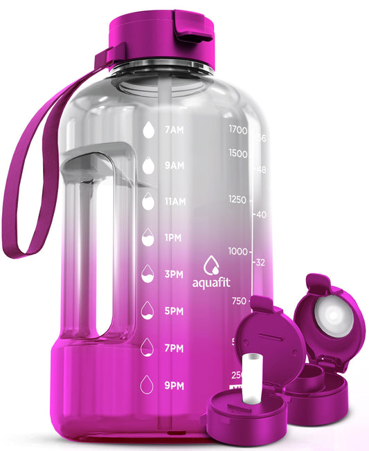 AQUAFIT 64 oz Water Bottle with Time Marker - Straw & Chug Lid - BPA Free Half Gallon Water Bottle, Big Water Bottle with Straw - Gym Water Bottle with Handle, Gallon Water Jug (Pink Haze, 64 oz)