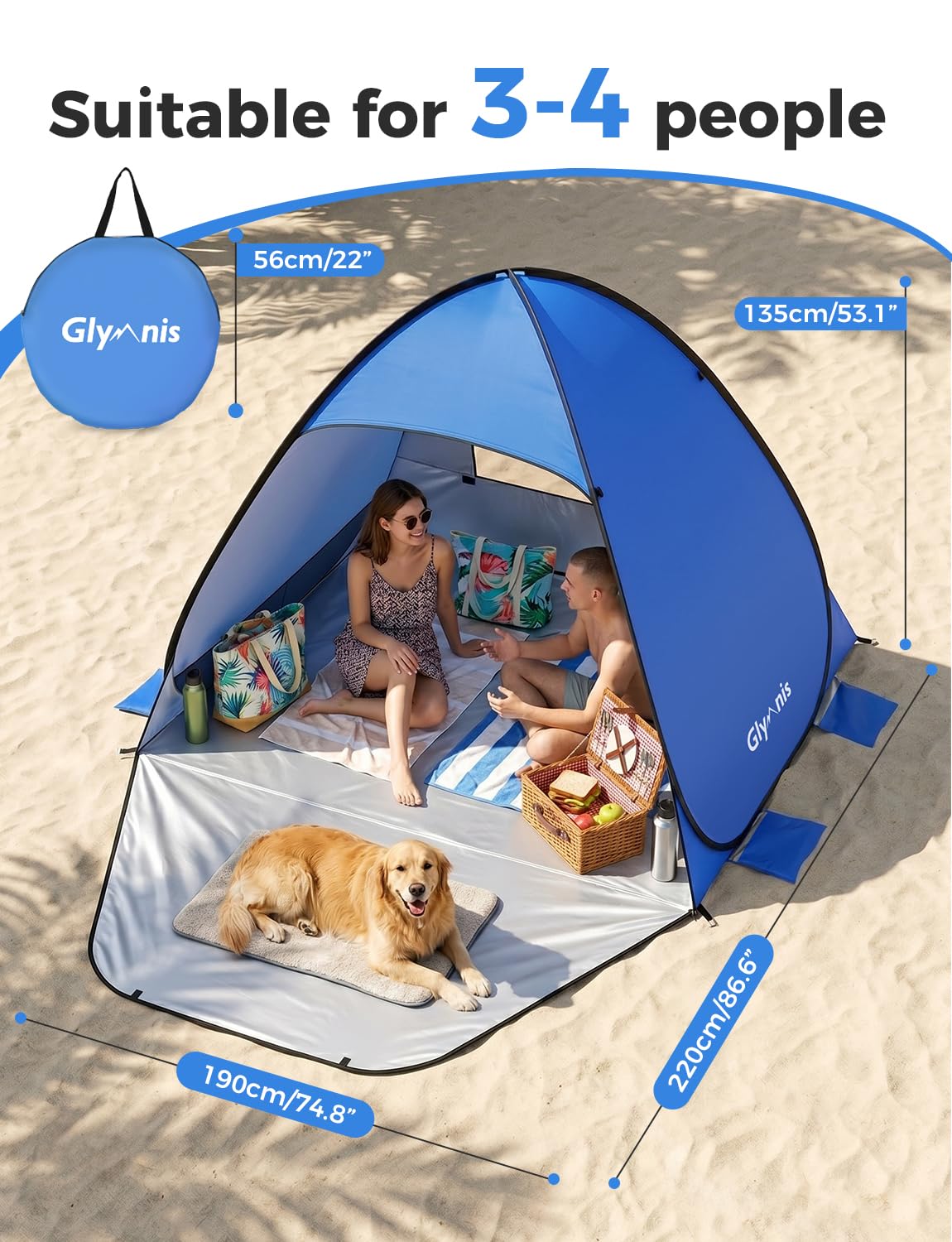 Glymnis Pop Up Beach Tent Instant Portable Sun Shade Shelter (L) 3-4 Persons UPF 50+ with Extendable Floor Zipper Door Automatic Easy Up Tent