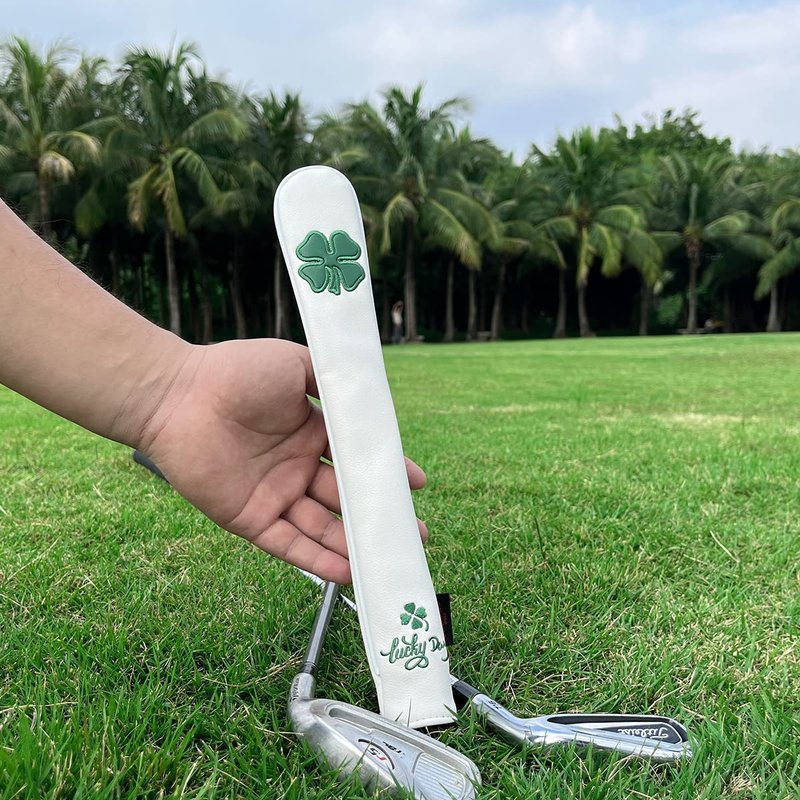 Golf Alignment Stick Cover Premium Leather Perfect for Alignment Sticks Classic USA Design Holder Golf Club Protector Holds 2 Sticks (White-Luck Clover)