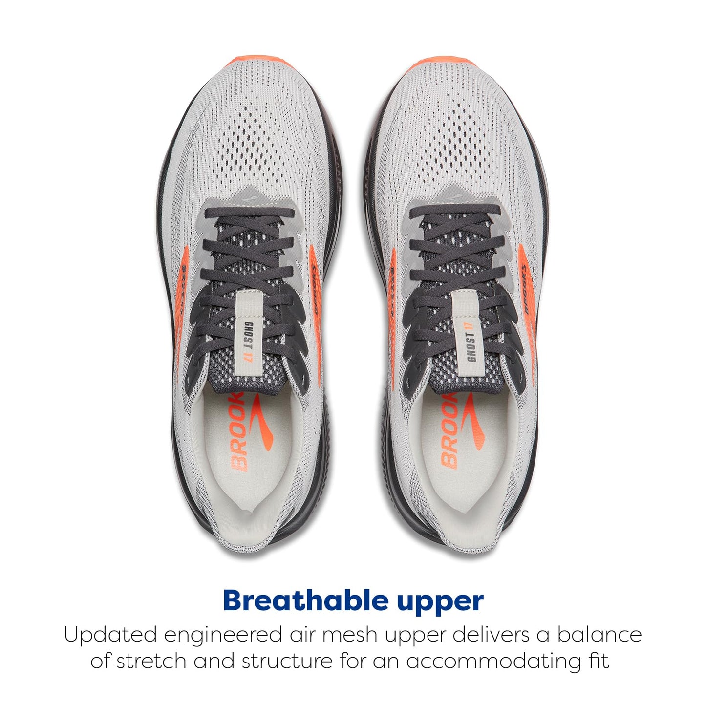 Brooks Men’s Ghost 17 Neutral Running Shoe - Oyster Mushroom/Orange/Ebony - 7.5 X-Wide