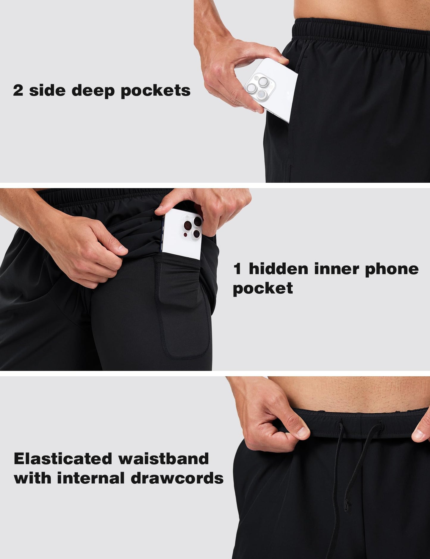 Naarts Men's 2 in 1 Athletic Running Shorts Quick Dry 5 Inch Lightweight Workout Gym Shorts with Liner and Pockets Black,Large