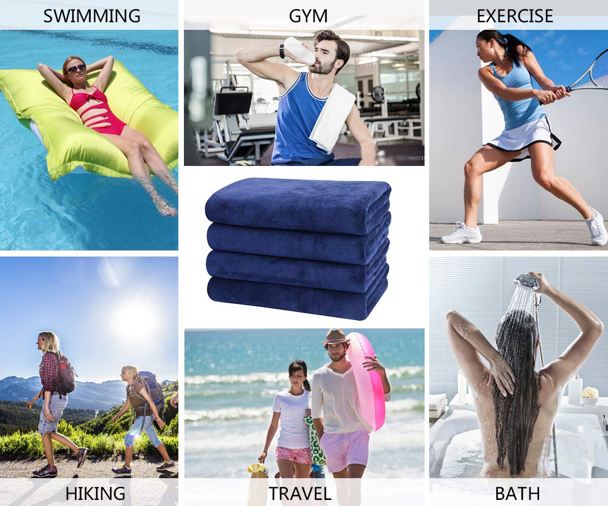 VIVOTE Microfiber Gym Towels Sports Sweat Towel Super Absorbent Ultra Soft Multi-Purpose Man Women Fitness Workout Travel Camping Hiking Yoga 4 Pack 16 Inch X 32 Inch (Navy Blue)