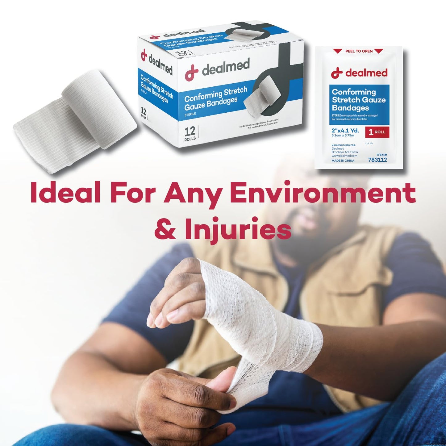 Dealmed 2" Sterile Conforming Stretch Gauze Bandages, 4.1 Yards Latex Free Stretched Dressing Wrap, Medical Non-Adherent Wound Care Mesh Bandages (Case of 96 Rolls)