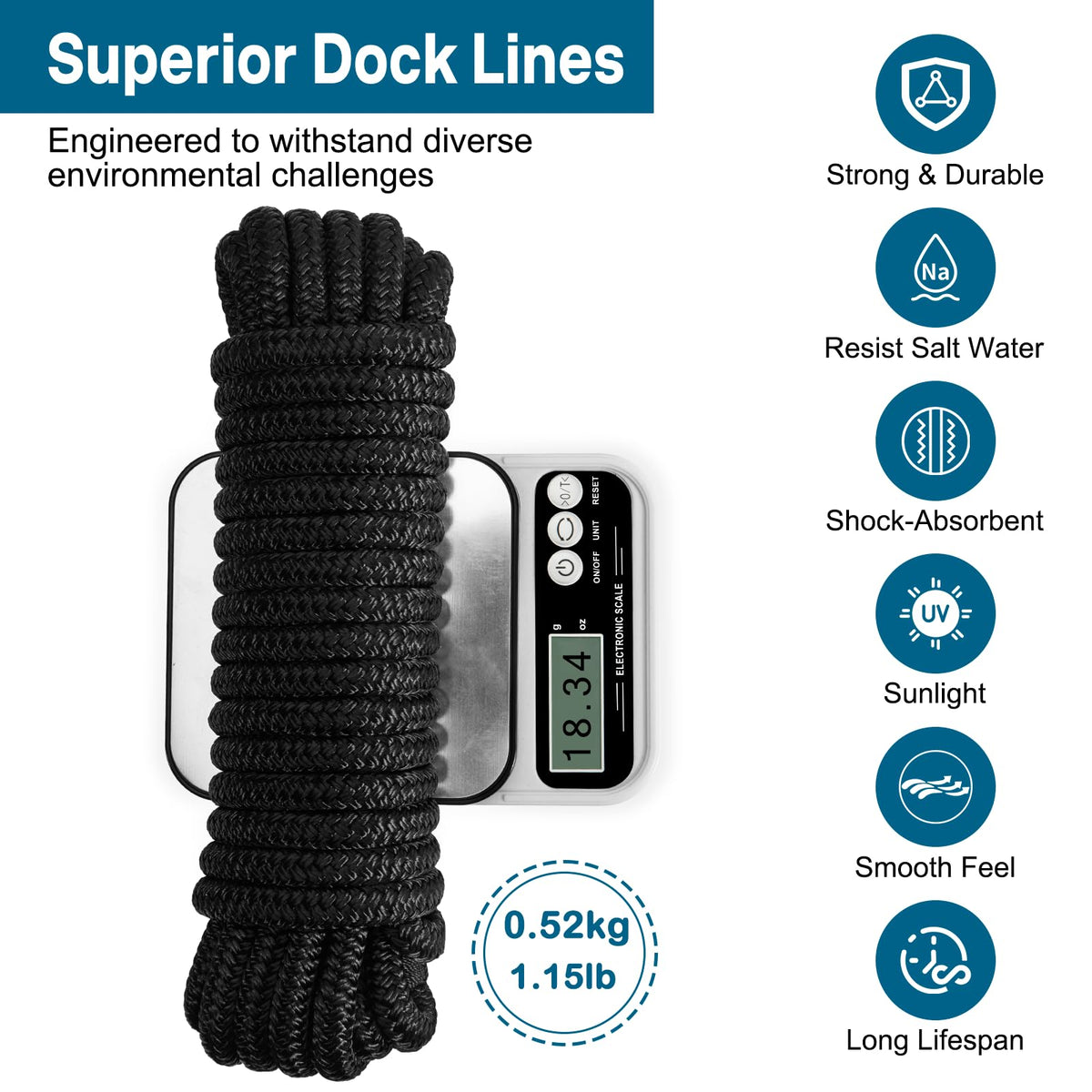 4 Pack 1/2" x 15’ Boat Dock Lines for Boat & Pontoon, Premium Marine- Grade Double Braided Nylon Dock Line, Pre-Spliced with a 12" Eyelet-Black,Boating Gifts for Men