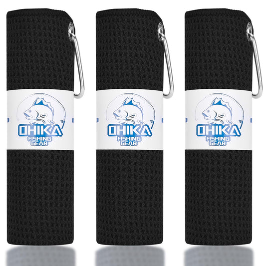 OHIKA Microfiber Fishing Towels with Clip, Waffle Pattern for Effective Cleaning of Fishing Gears or Dirty Hands, 16” x 16”, Camping Towels, Hiking Towels, Pack of 3 (Black)