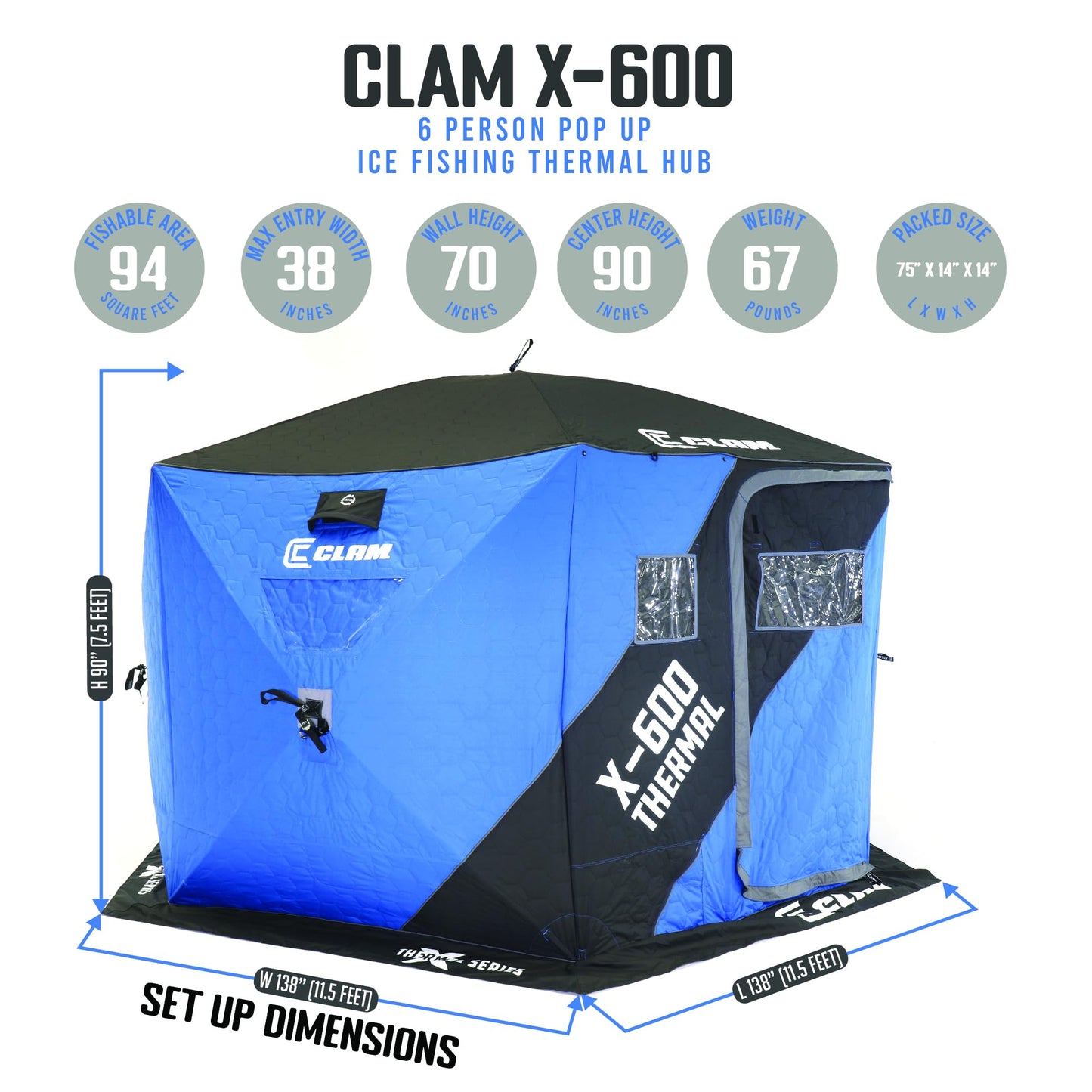 CLAM X-600 Portable 6 Person 11.5 Foot Angler Thermal Hub Shelter Tent for Outdoor Ice Fishing with Anchor Straps and Carrying Bag