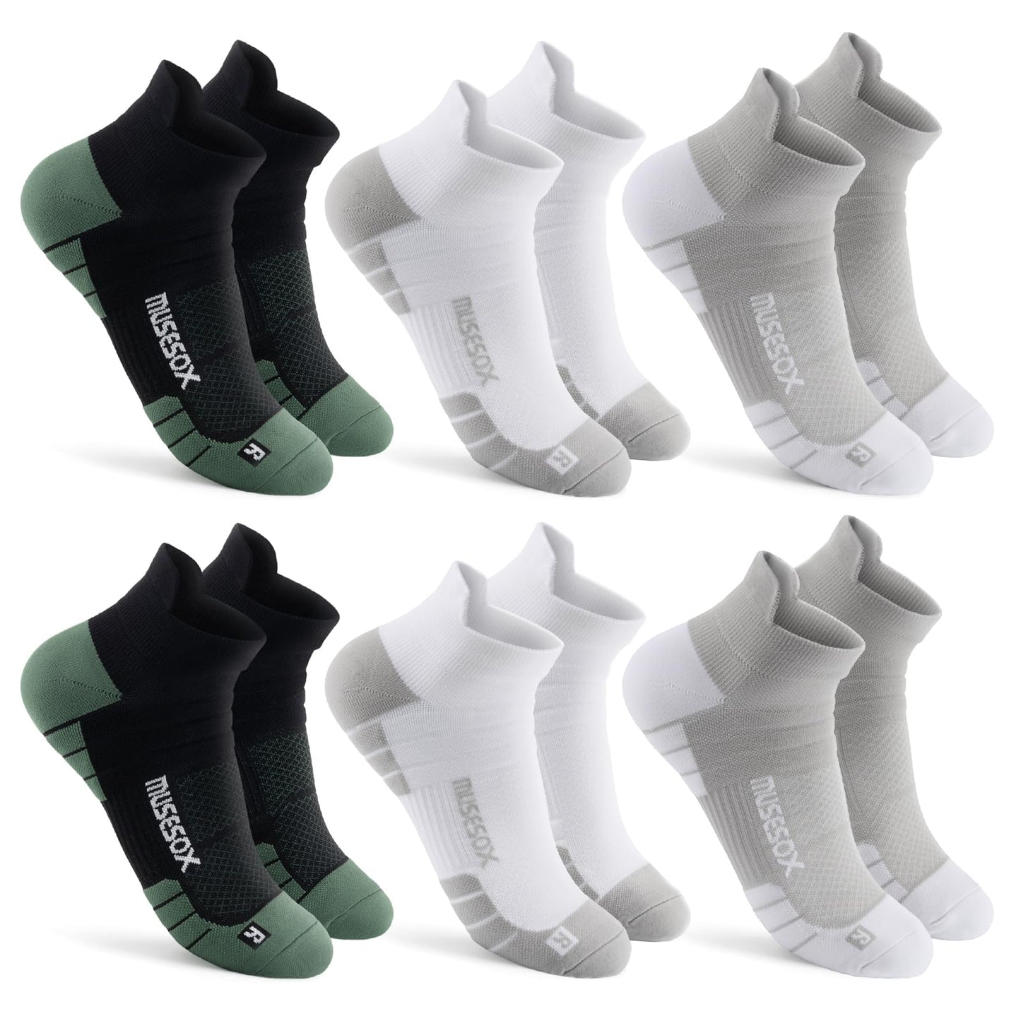 musesox Ankle Compression Socks for Women and Men,Low Cut Compression Running Socks with Arch Support(6 Pairs) Best for Sports,Workout,Travel,Daily,Black,White,Gray,Unisex,Large