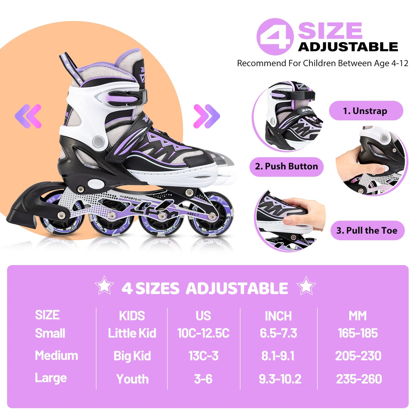 2PM SPORTS Cytia Pink Girls Adjustable Illuminating Inline Skates with Light up Wheels, Fun Flashing Beginner Roller Skates for Kids (Purple, Small - Little Kids (10C-12.5C US))