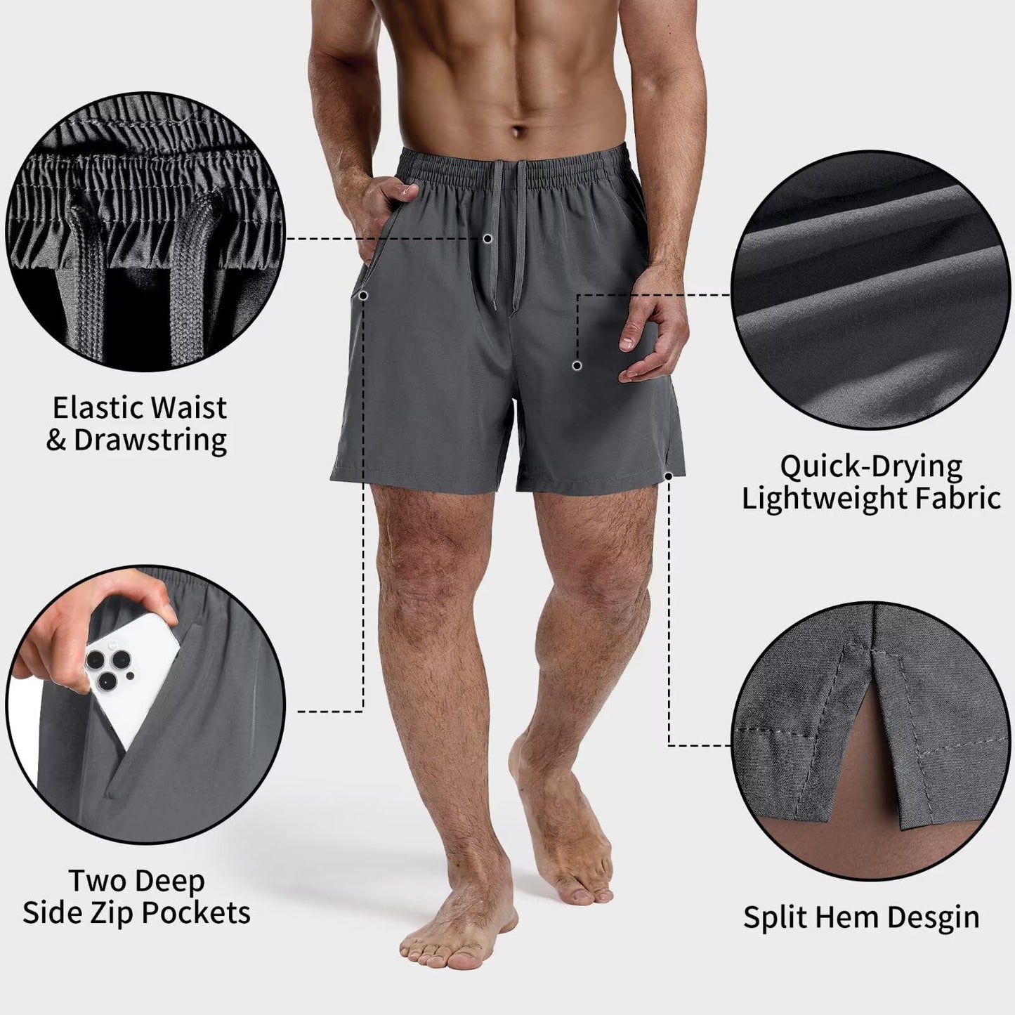 FIONECA 3 Pack Men's Athletic Running Shorts 5 Inch,Quick Dry Gym Workout Shorts with Zip Pockets