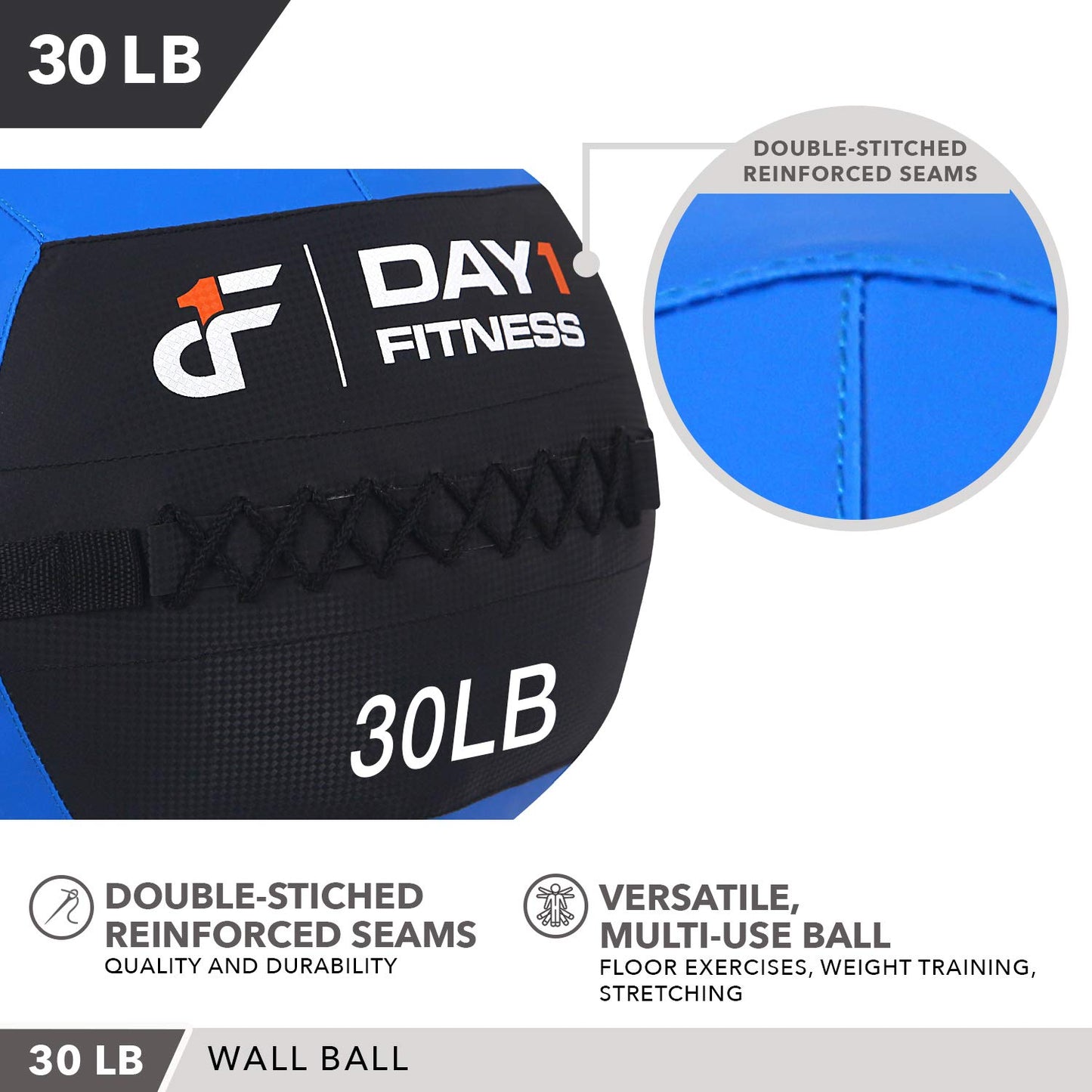 Day 1 Fitness Soft Wall Medicine Ball 30 Pounds BLUE - for Exercise, Rehab, Core Strength, Large Durable Balls for Floor Exercises, Stretching, Blue/Black