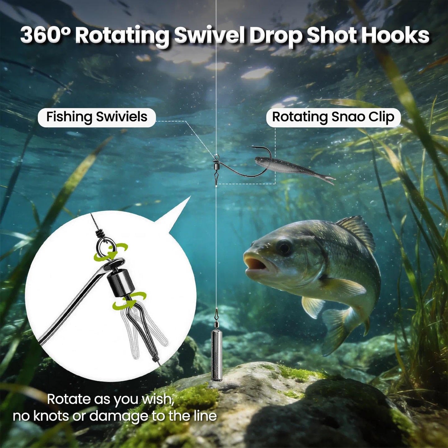 FishTrip 30/60Pcs Swivel Drop Shot Hooks Kit, EWG Spin Shot Hook for Bass