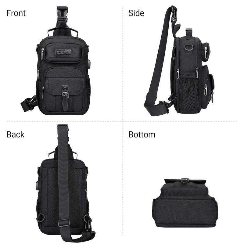 WITZMAN Sling Bag for Men Convertible Travel Sling Backpack USB Charging Port Lightweight Crossbody Bags Casual Daypack（B698 Black）