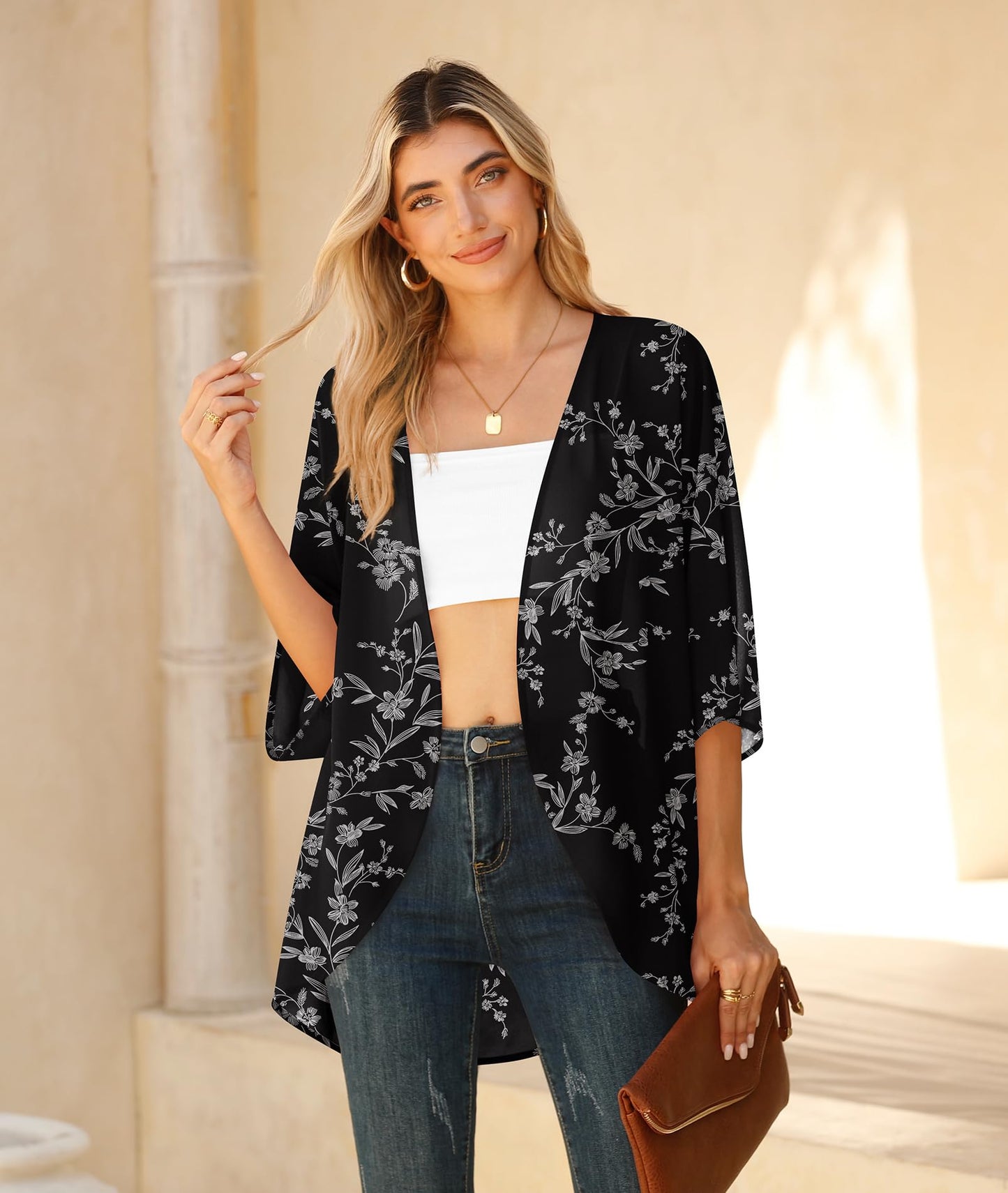 LILBETTER Womens Floral Chiffon Kimono Cardigans Loose Beach Cover Up Half Sleeve Tops(Black Leaves Medium)