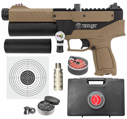 Hatsan Velox PCP Air Pistol .22 Cal Semi-Auto Pellet Gun, 620 FPS, 17Joules, 12 RDS, w/ Wearable4U Pellets and Paper Targets Bundle (FDE, MPN: HGVLX22FDE)