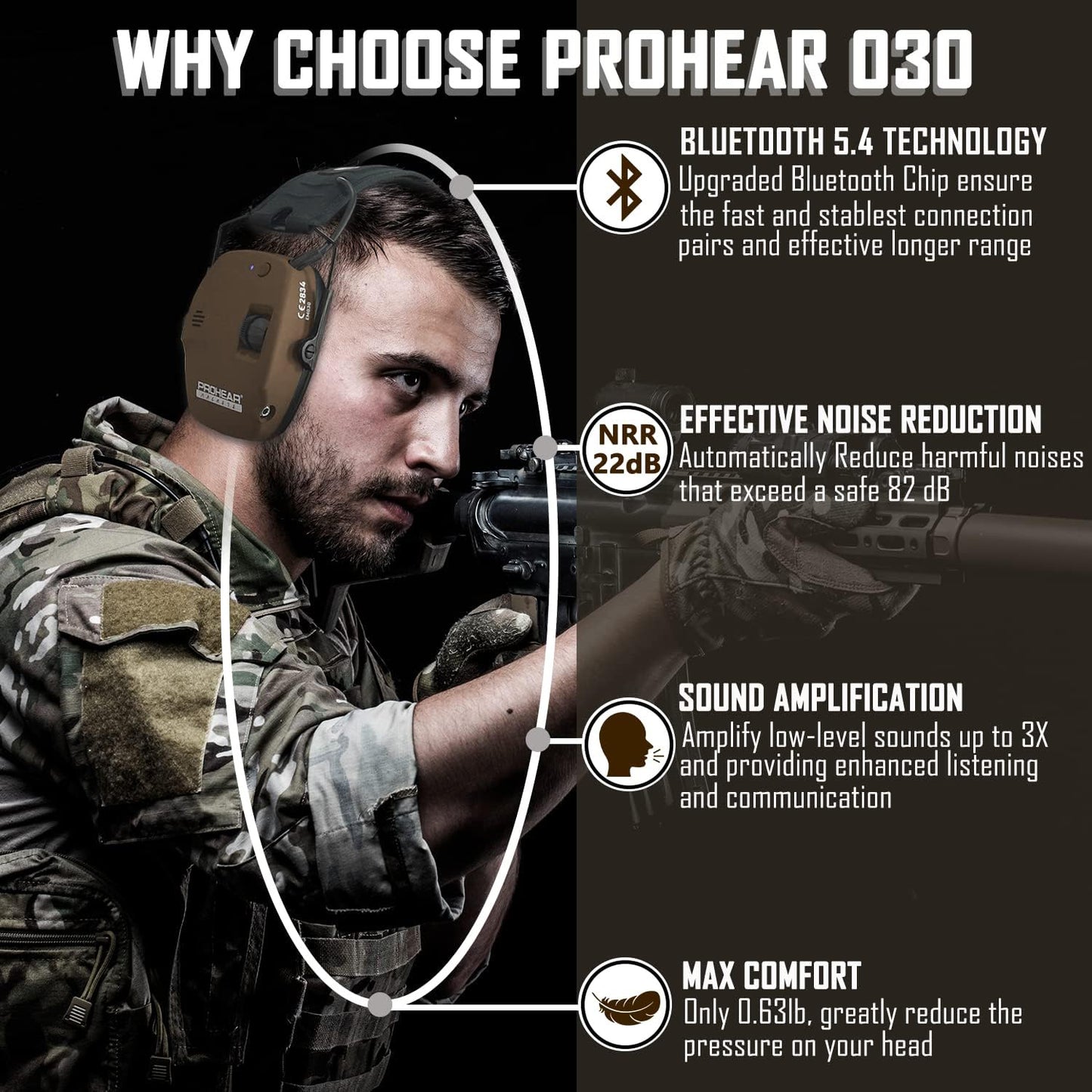 PROHEAR 030 Upgraded Bluetooth Electronic Shooting Hearing Protection Muffs with GEP02 Gel Ear Pads, Noise Reduction Sound Amplification Headsets for Range, Gifts for Women Man - Brown