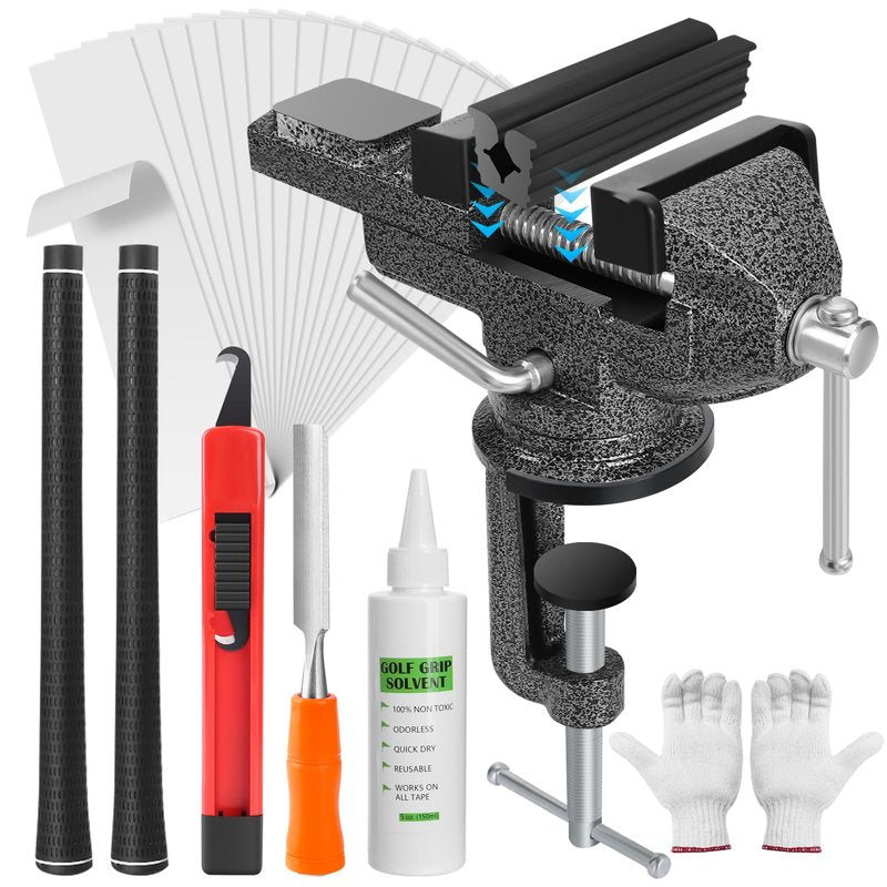 AxPower All-in-One Golf Grip Kit for Regripping Golf Clubs, 360° Swivel Portable Table Vise Rubber Clamp Golf Grip Removal Tool with Golf Grip Replacement Tape and Solvent, Golf Club Regripping Kit
