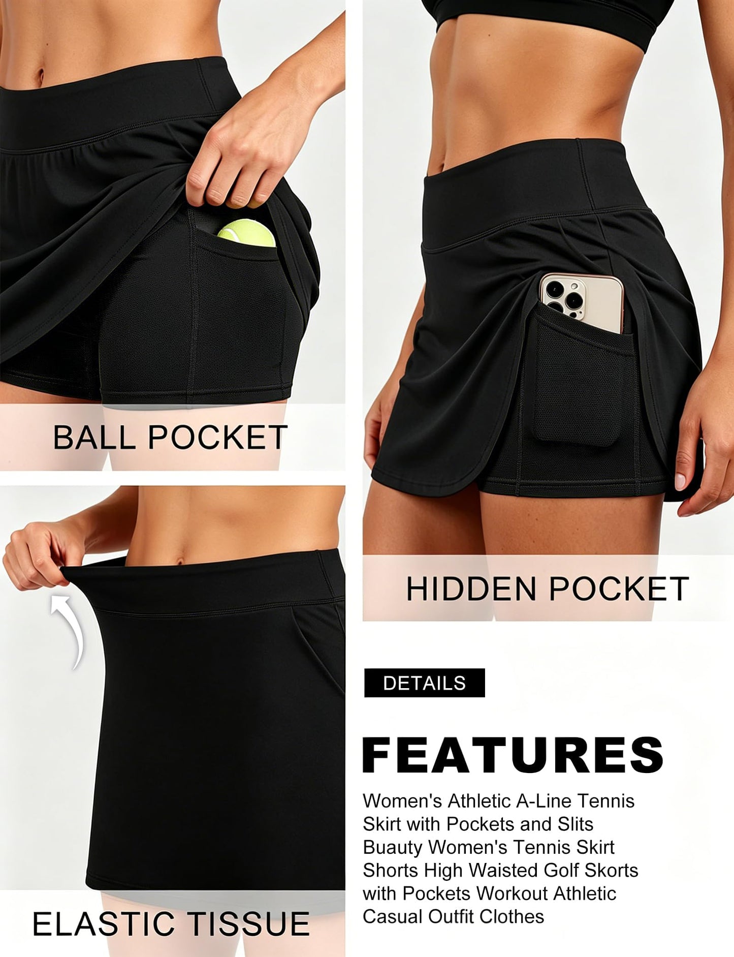 Buauty Women's Tennis Skirt Shorts High Waisted Golf Skorts with Zipper Pockets Workout Athletic Casual Outfit Clothes Black