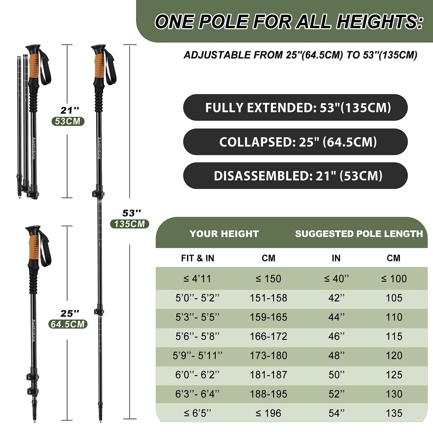 Carbon Fiber Trekking Poles - Lightweight Collapsible Hiking Poles with Cork Grips & Quick Flip Locks, Adjustable Hiking Sticks & All-Terrain Accessories for Women & Men