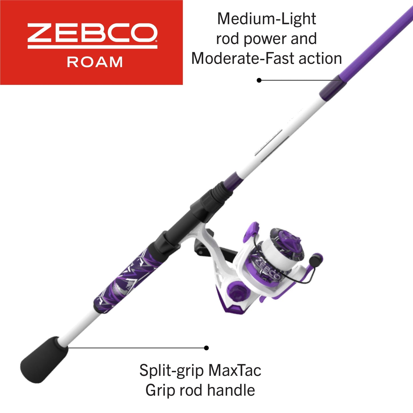 Zebco Roam Spinning Reel and Fishing Rod Combo, 6-Foot 2-Piece Fiberglass Rod, Split ComfortGrip Handle, Size 20 Reel, Reversible Retrieve, Purple