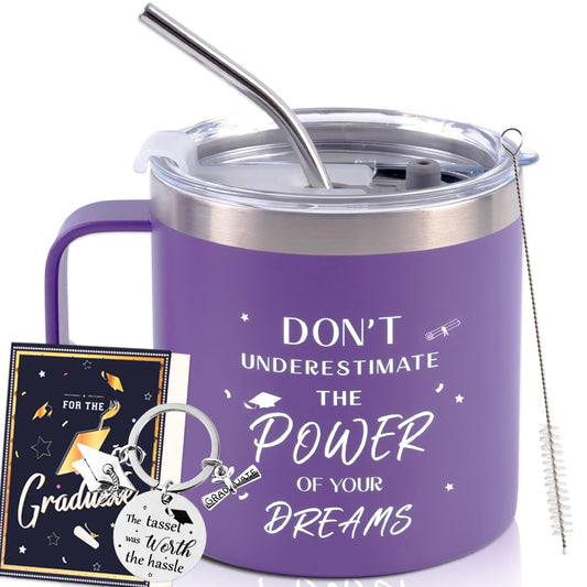 CUPLOOV 2024 Graduation Gifts for Her Him – Purple Graduation Coffee Mug/Tumbler Cup with Lid Straw Keychain and Greeting Cards for Senior College Graduates Classmates Friends