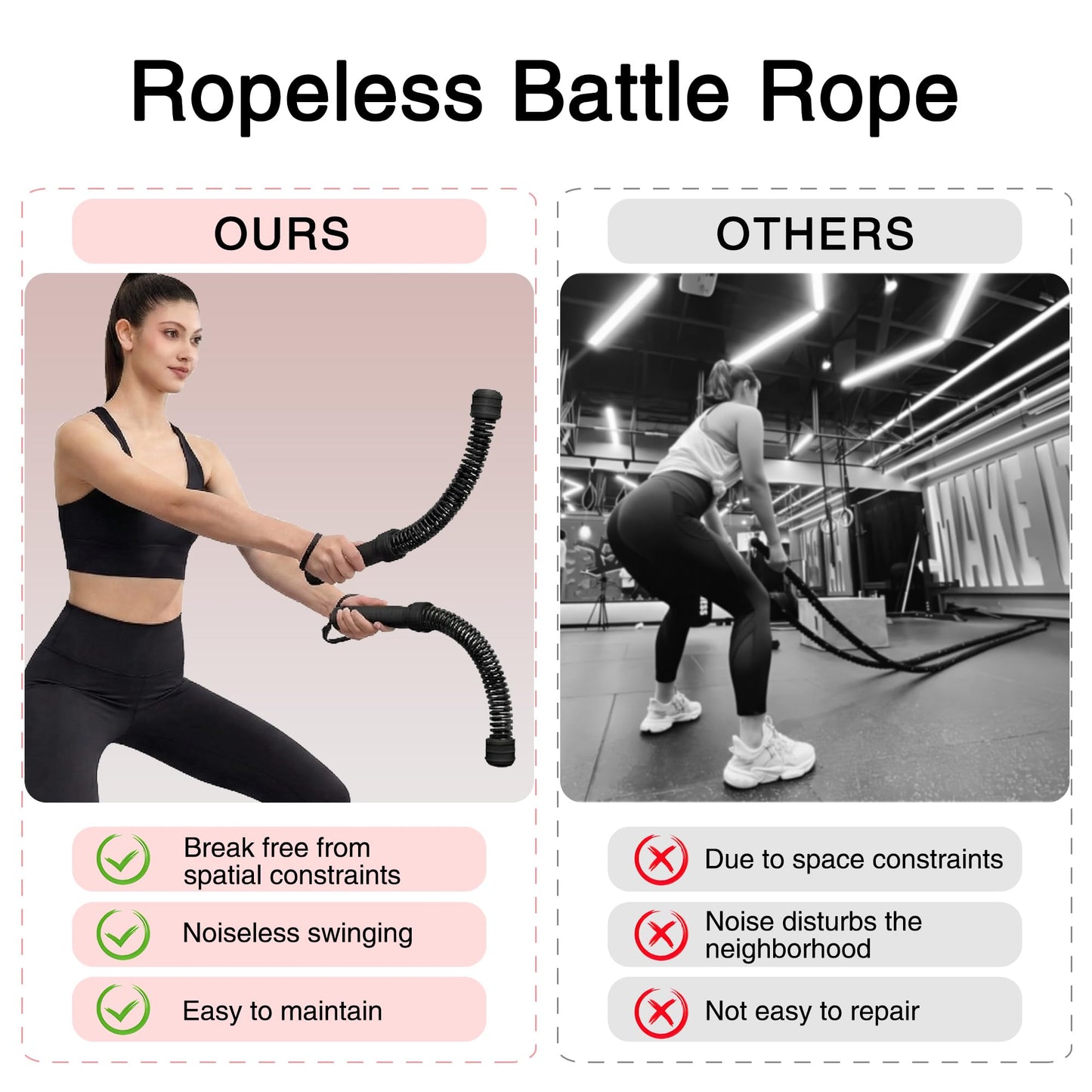 2Pcs Weighted Ropeless Battle Ropes, Heavy Duty Portable Cordless Battle Ropes for Home Gym with Poster, Workout Exercise Rope for Strength Building, HIIT and Low-Impact Aerobic Training for Men & Women