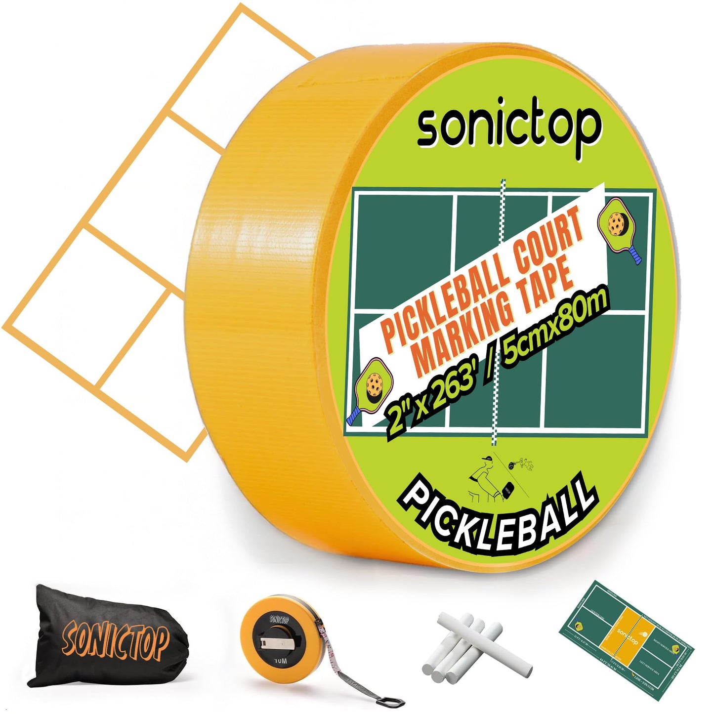 SONICTOP Pickleball Court Marking Kit, 2" x 263 ft Lengthened Pickleball Court Tape 5PCS Set Makes Full Size Outdoor Court Yellow Tape for Temporary Court Lines No Residue Easy Installation(Yellow)
