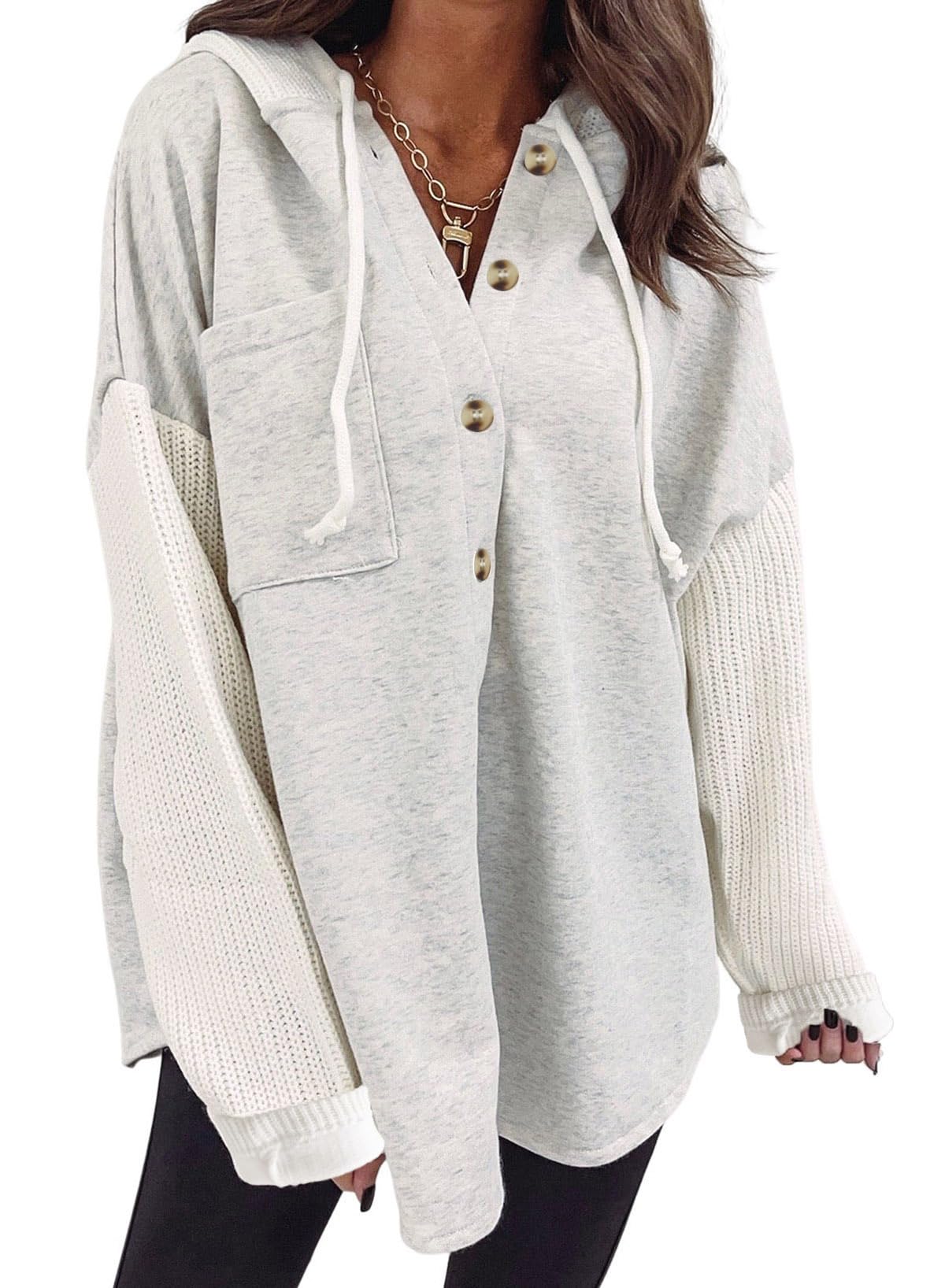 SHEWIN Women Oversized Hooded Sweatshirt Button Hoodies, Grey, Size S