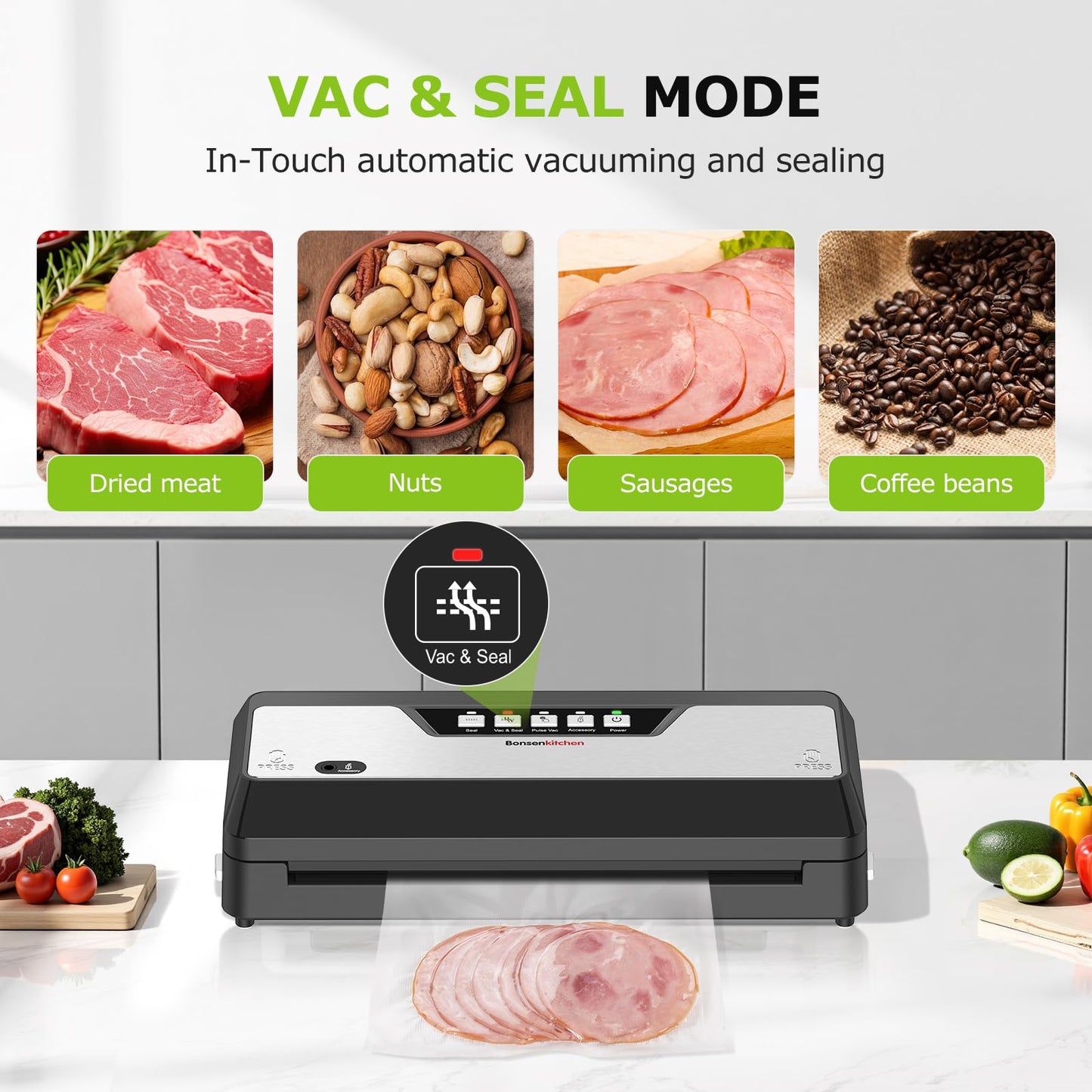 Bonsenkitchen Vacuum Sealer Machine, Built-in Cutter | Multifunctional Food Sealer for Sous Vide & Meal Prep, 5 Pre-Cut Bags, Black