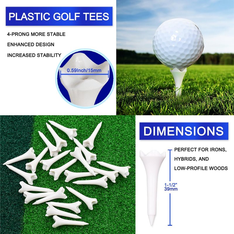 1 1/2'' Plastic Golf Tees – Short Tees for Irons, Par Threes, Hybrids, and Driving Range - Pack of 120 Bulk 4 Prongs Plastic Golf Tees Performance Series Low Resistance Golf Tee White