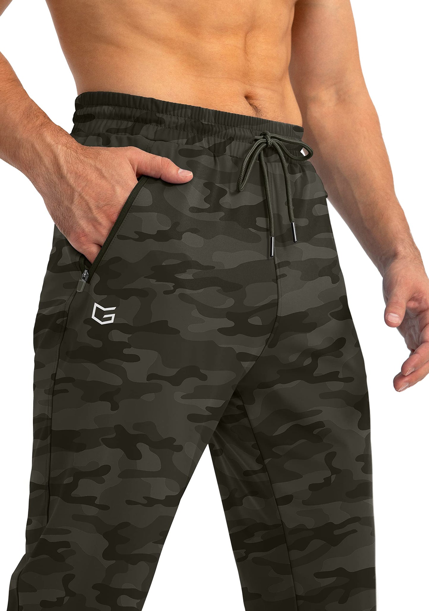 G Gradual Men's Sweatpants with Zipper Pockets Tapered Joggers for Men Athletic Pants for Workout, Jogging, Running (Green Camo, Large)