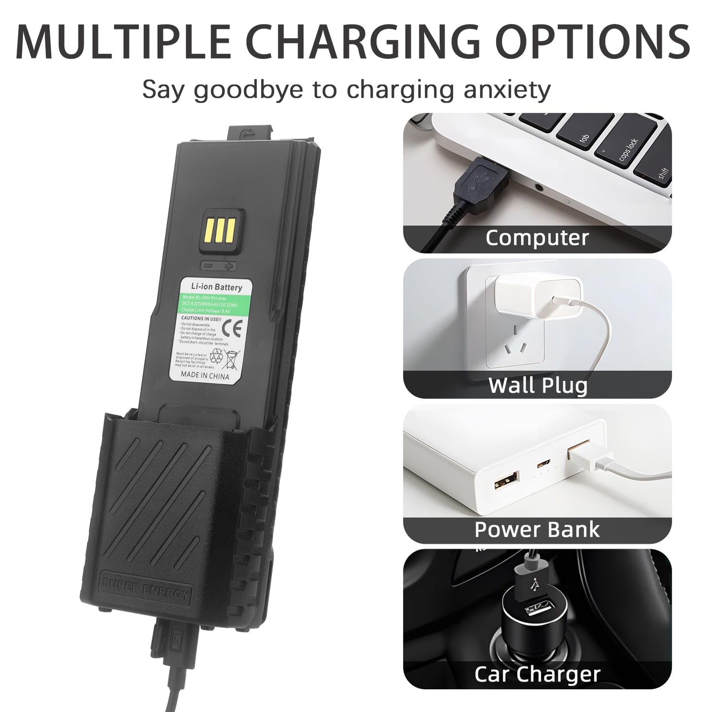 BaoFeng UV-5RM Battery,6800mAh High Capacity 5RM Extended Rechargeable Battery USB-C Charging 7.4V UV-5RM UV-5RH PRO GM-5RH UV-5G Plus GMRS 5RM Series Two-Way Radio (2 Pack+USB-c Charging Cable)