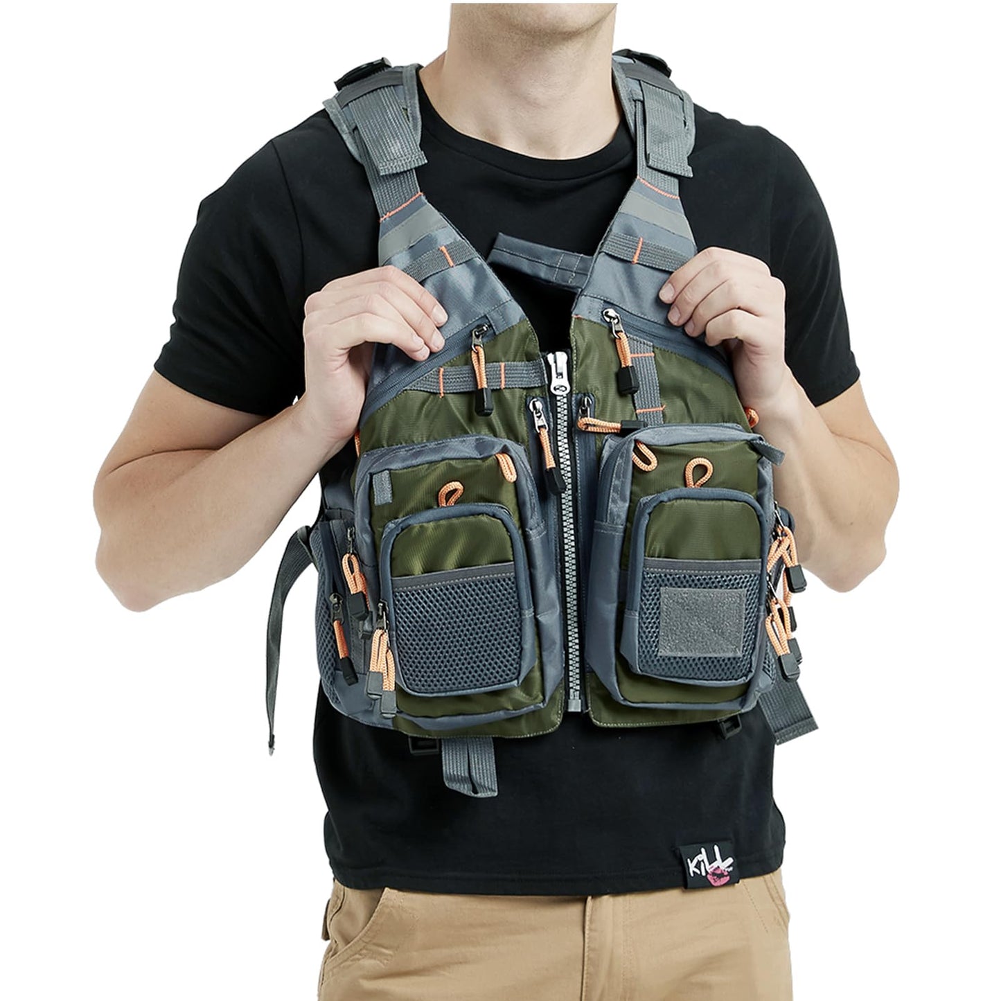 Obcursco Fly Fishing Vest Pack Adjustable for Men and Women with Breathable Mesh, Trout Fishing Gear, for Outdoors Stream Fishing (Army Green)