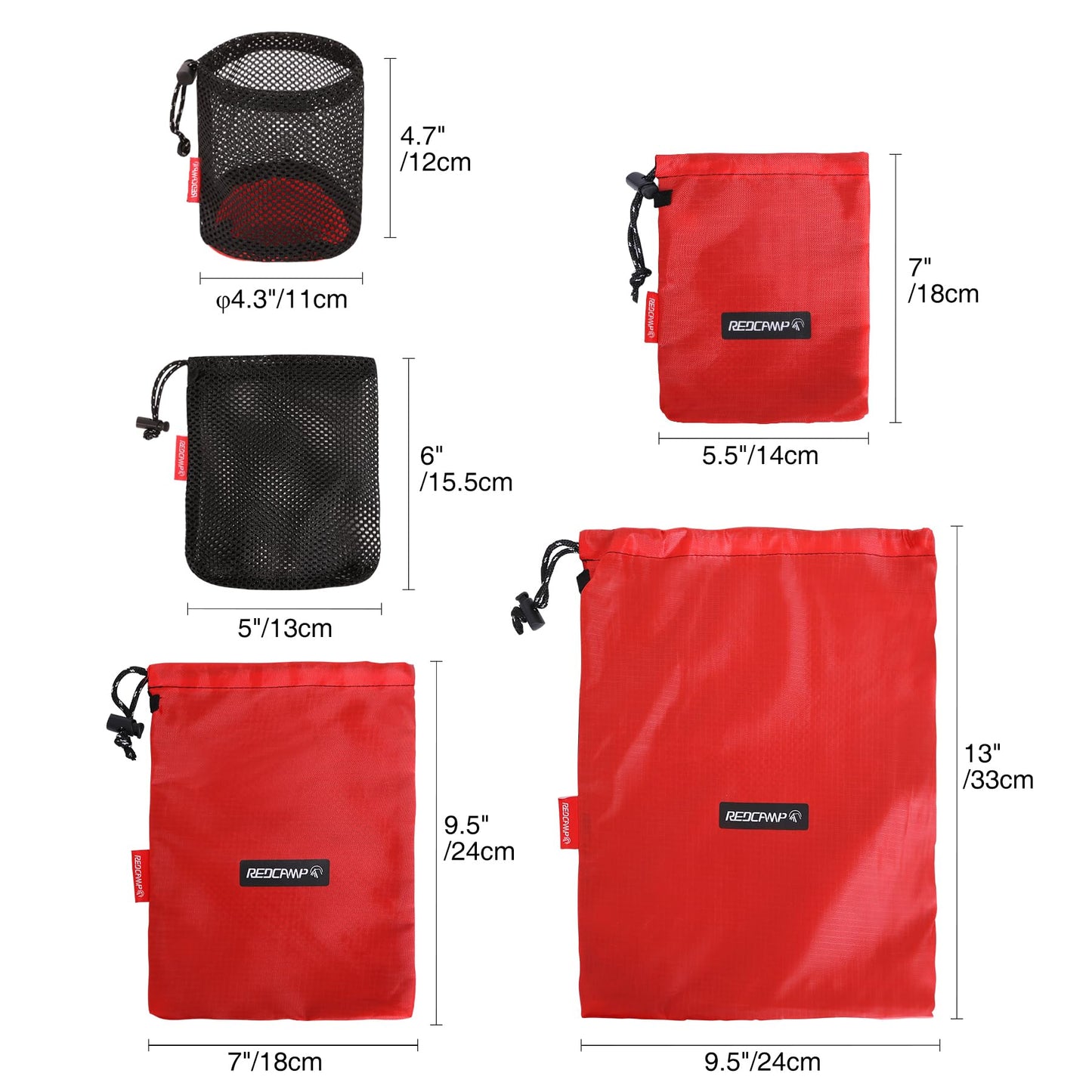 REDCAMP 5PCS Small Ditty Bags Set for Backpacking, Ultralight Nylon Mesh Drawstring Stuff Sack Assortment Storage Pouch Bags for Outdoor Camping Indoor Home, Red