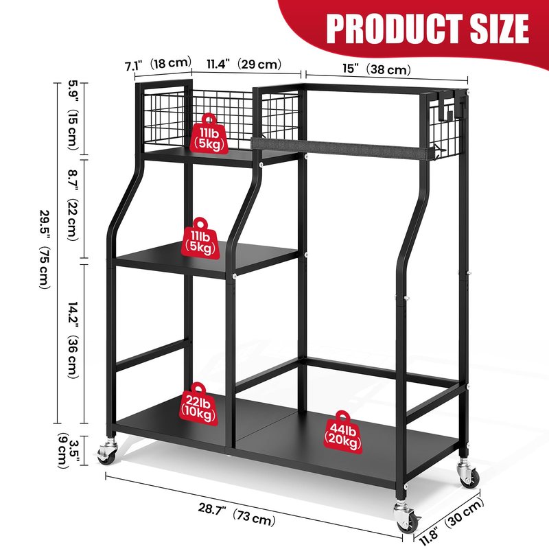 TOOLF Golf Bag Organizer, Golf Club Storage with Wheels, Sturdy Metal Golf Bag Holder Stand for Home, Garage, Outdoor, Includes 4 Storage Sections & Removable Hooks