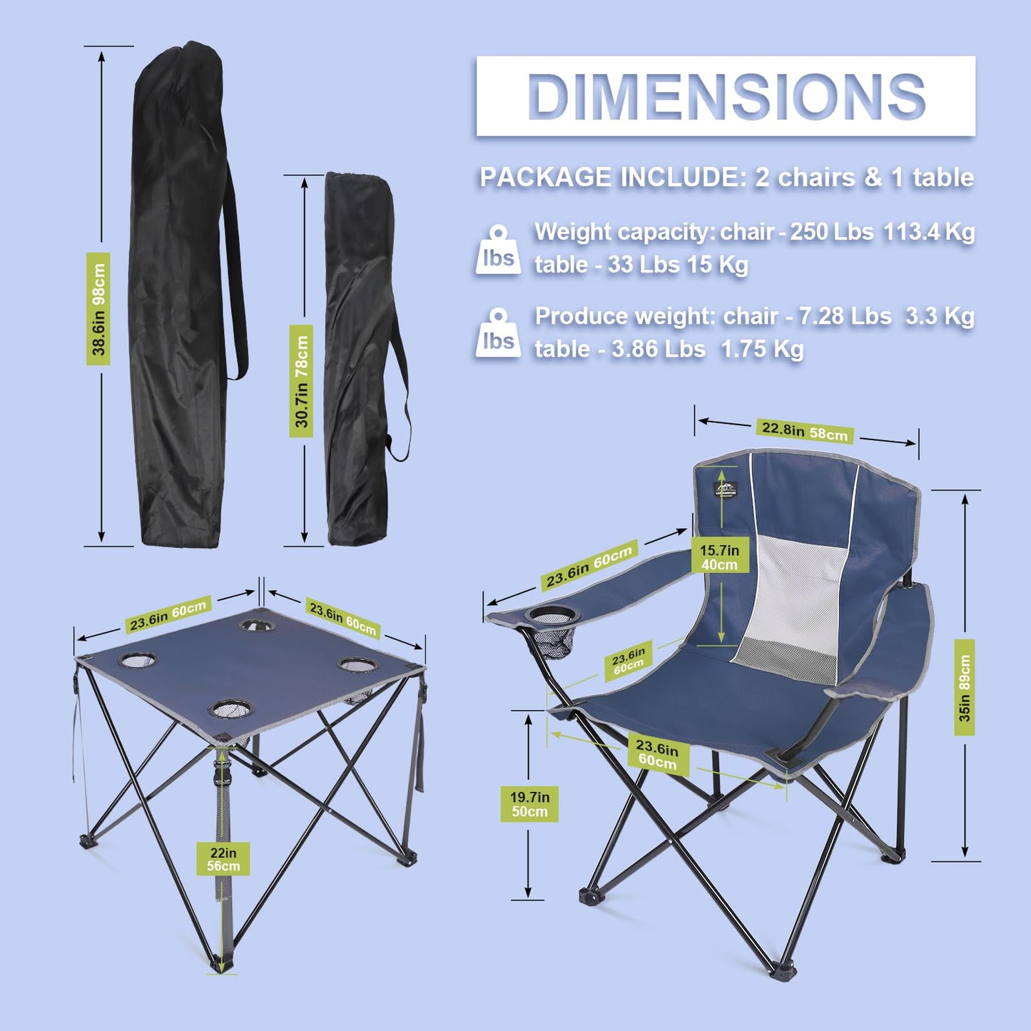 LANMOUNTAIN Oversized 3 Pcs Camping Chair Set with Table,Outdoor Large Folding Lawn Chairs,Lightweight Portable Camp Chair for Adults Hiking,Picnic,BBQ,Travel,Cup Holder,Carry Bag,Blue