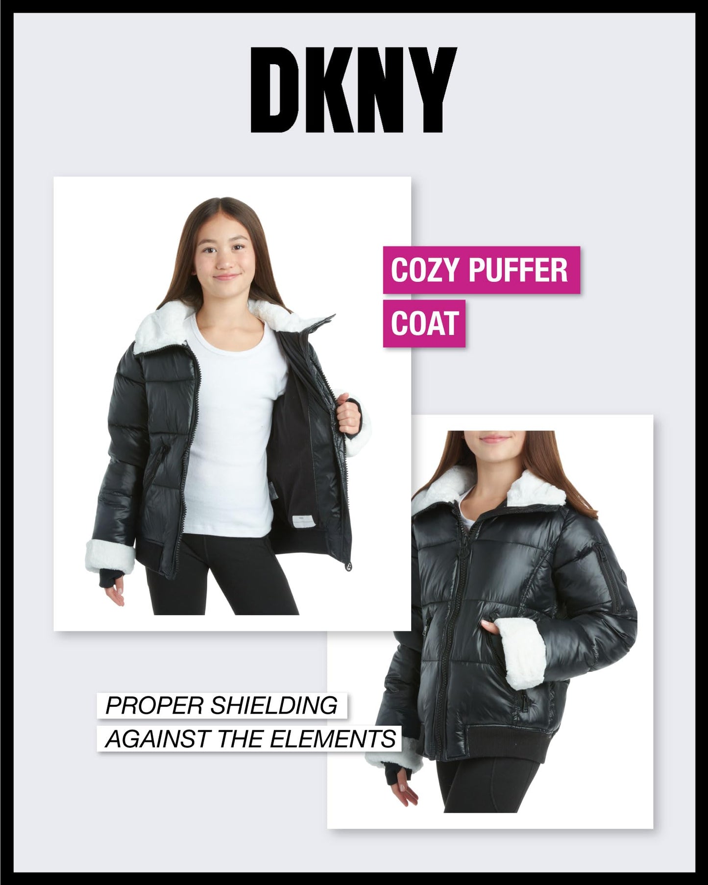 DKNY Girls' Winter Coat - Insulated Quilted Puffer Bomber Coat - Outerwear Jacket for Girls, Sherpa Collar/Cuffs (8-16), Size 7-8, Black