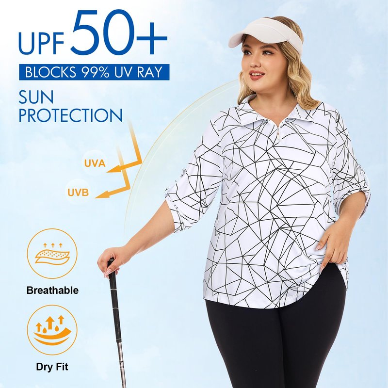 Koscacy 3/4 Sleeve Plus Size Golf Top Women, Quarter Zip Quick Dry Polo Shirt Loose Fit V-Neck Solid Tennis Half Sleeve Tops for Run Badminton Daily Casual Wear Blue