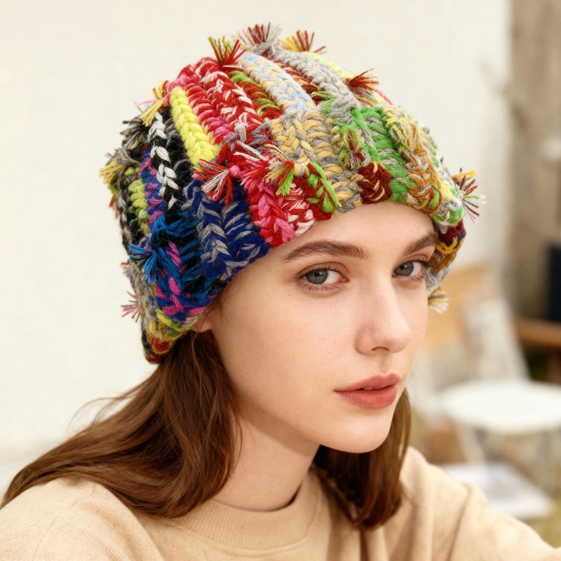 Hshsclth Womens Chunky Crochet Beanie Casual Cuffed Winter Hat with Boho Tassel Knot (US, Alpha, One Size, Multi Color Mixed)