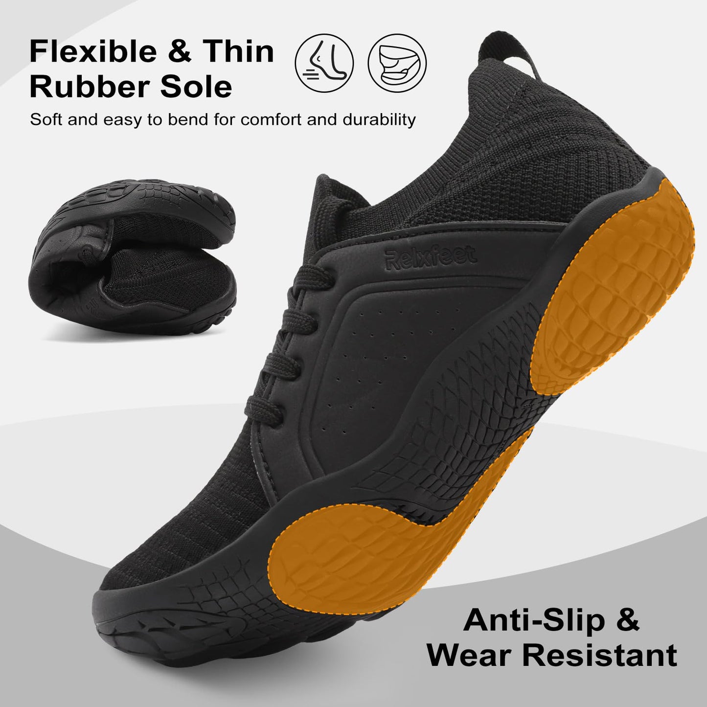 relxfeet Barefoot Shoes Women Wide Toe Box Zero Drop Slip On Minimalist Sneakers Lightweight Flexible Non Slip Rubber Sole for Trail Running Walking Gym Workout Hiking Weightlifting Yoga (Black,40)